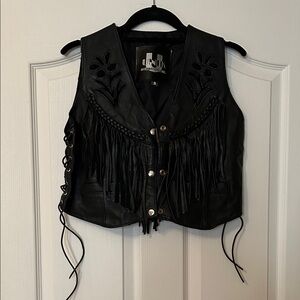Unik Black Leather Vest with Fringe and Floral Details size small